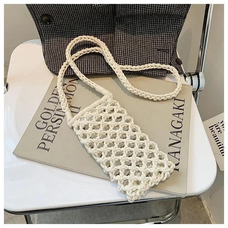 Women Small Crossbody Phone Bag Solid Hollow-out Woven Crochet Lightweight Braided Shoulder Handbag Crossbody Bags