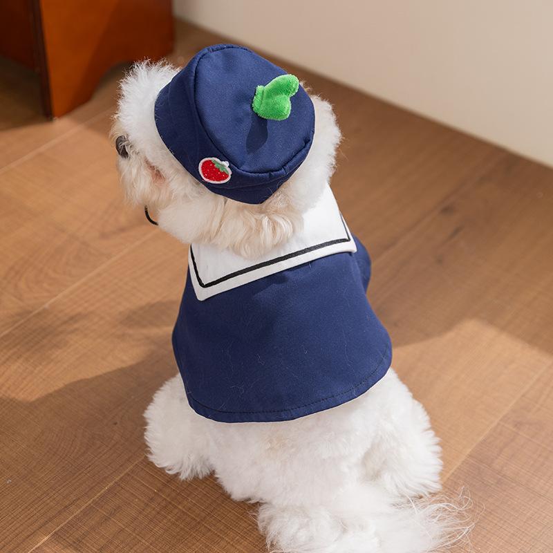 Cute Sailor Dog Cape with Matching Hat Navy Blue Pet Cloak with Sailor Collar Pet Costume for Bichon Pomeranian Teddy