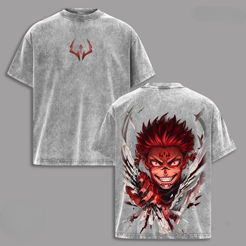 Футболки с изображением персонажей аниме Jujutsu Kaisen Ryomen Sukuna, мужские и женские, из стираного хлопка, ретро, свободного кроя, в стиле Харадзюку.