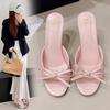 Gentle French! Pink Bow One-word Cool Slippers Women's Summer Stiletto High Heels