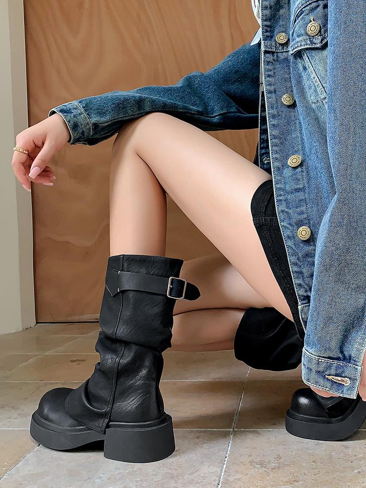Мода 2024 Новая Ретро Мода Универсальные Коричневые Сапоги До Середины Икры в Стиле Вестерн Ковбойские Круглый Носок Квадратный Высокий Каблук Панк Стиль Женские Сапоги-Брюки