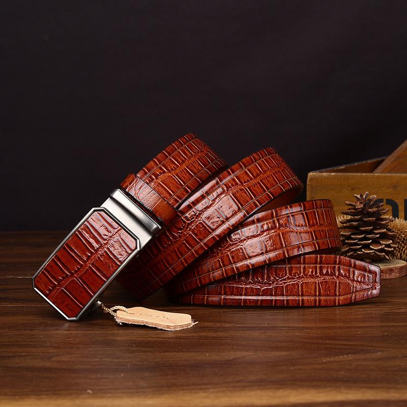 Элитный Бизнес Легкая Роскошь Ремень с тиснением под крокодила Мужской Натуральная Кожа Первый Слой Коровья Кожа Автоматическая Пряжка Повседневный Пояс для Брюк