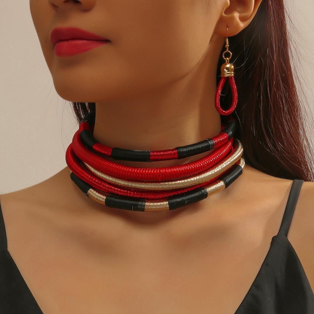 Африканские tribal шейные украшения многослойные цветные плетеные веревки массивное колье-чокер комплект серег для женщин вечерние аксессуары