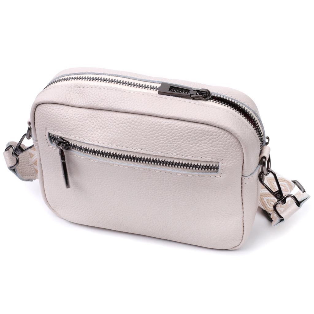 Bag for Women Stitched with Diamonds On the Front Side Made of Genuine Leather Vintage 22633 White
