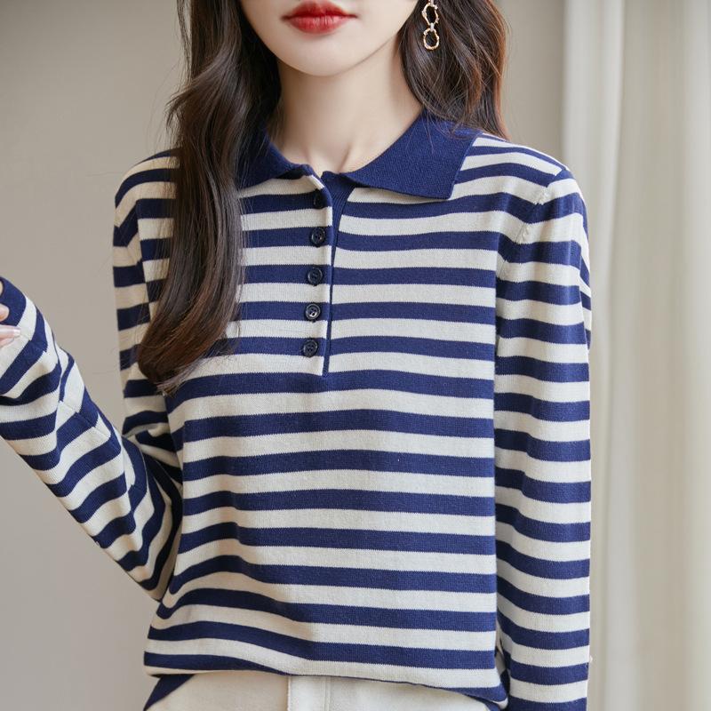 Autumn New Lapel Loose Casual Polo Shirt Women's Pure Cotton Striped Knitted Sweater Long Sleeve Foreign Style Bottoming Shirt Top