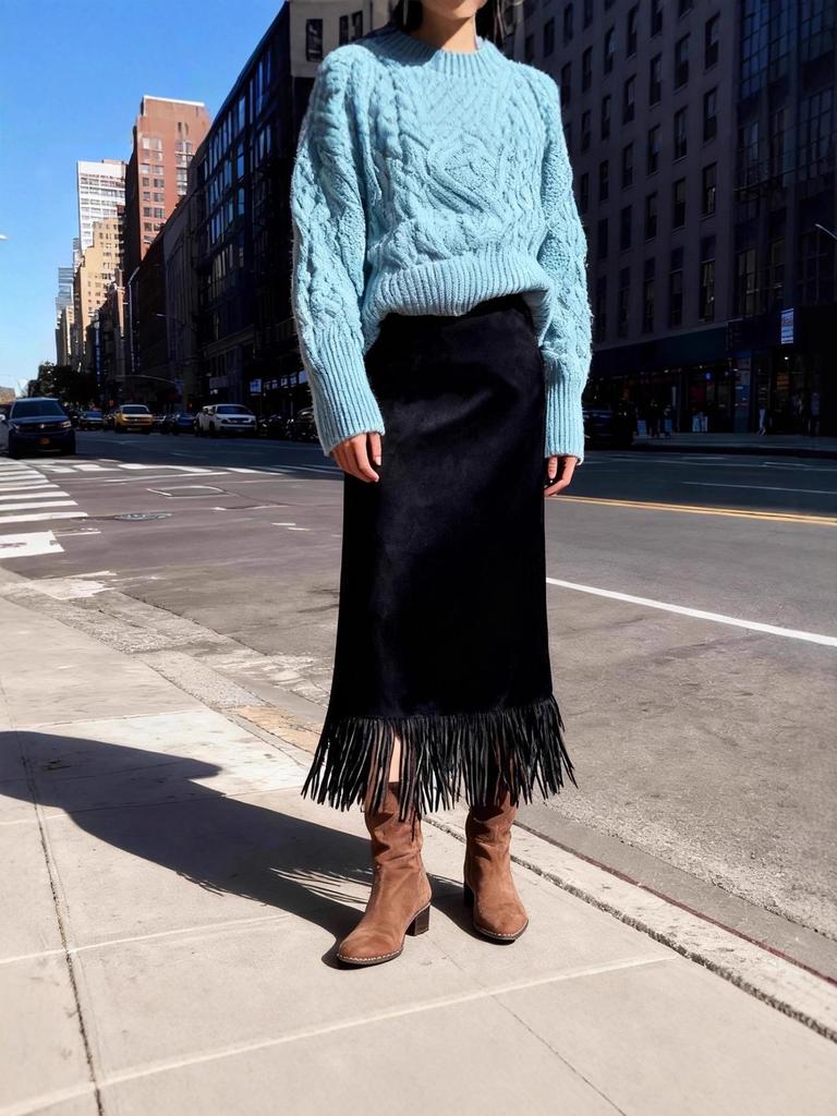 Женская черная юбка-трапеция средней длины с бахромой – Стройный осенне-зимний стиль