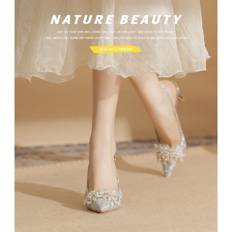 7520-3 [овчина] туфли на высоком каблуке женские тонкий каблук 2025 новый заостренный хрустальные свадебные туфли сумка голова жемчужные сандалии