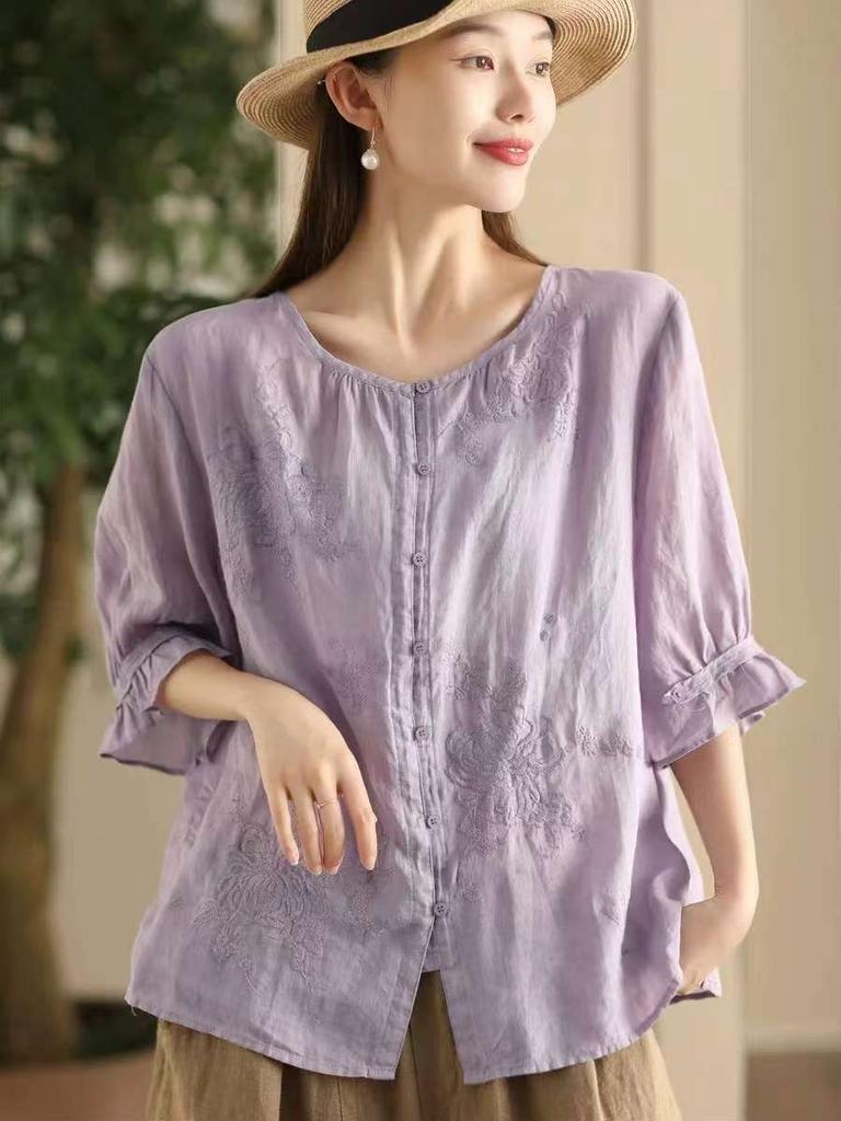 Johnature Women Chinese Style Embroidery Floral Shirts O-Neck Half Sleeve Tops Summer Loose Solid Color Shirts