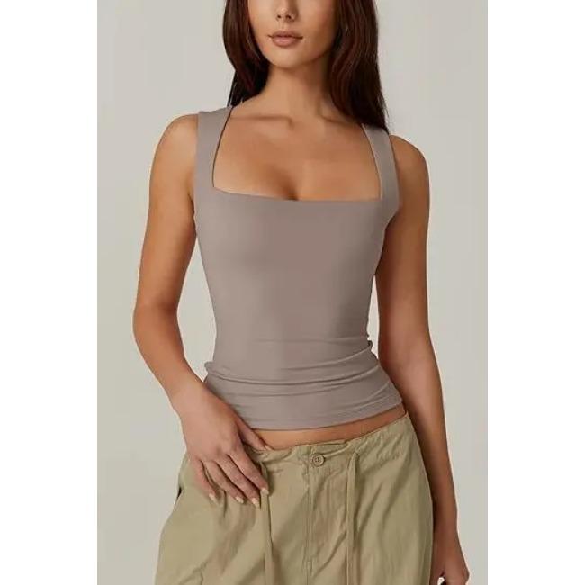 2025 Seaside Vacation Summer New Solid Color Женская майка без рукавов с квадратным вырезом, двухслойная, базовая облегающая футболка для женщин