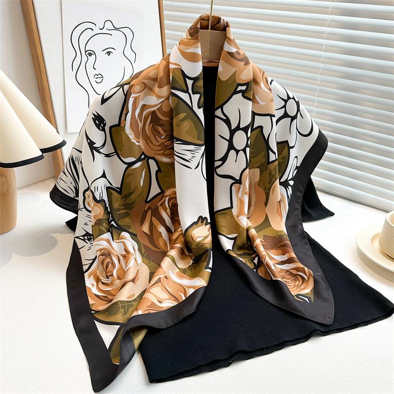 New Rose Printed Designer Large Square Scarf Spring and Autumn Warm Floral Scarf Twill Silk Head Scarf Women 90cm Shawl Luxury