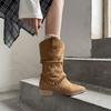 Мода 2025 новые осенние ковбойские сапоги из коровьей замши женская обувь острый носок толстый каблук женские сапоги до середины икры челси сапоги ретро