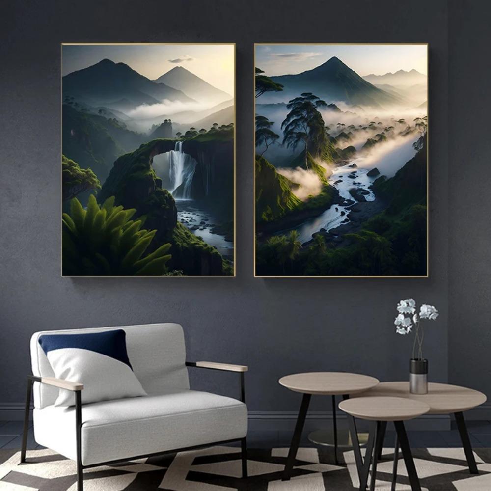 Natural Landscape Spectacular Waterfall Canvas Painting Green Tree Forest Posters Wall Art Prints Home Decor Frameless Paintings