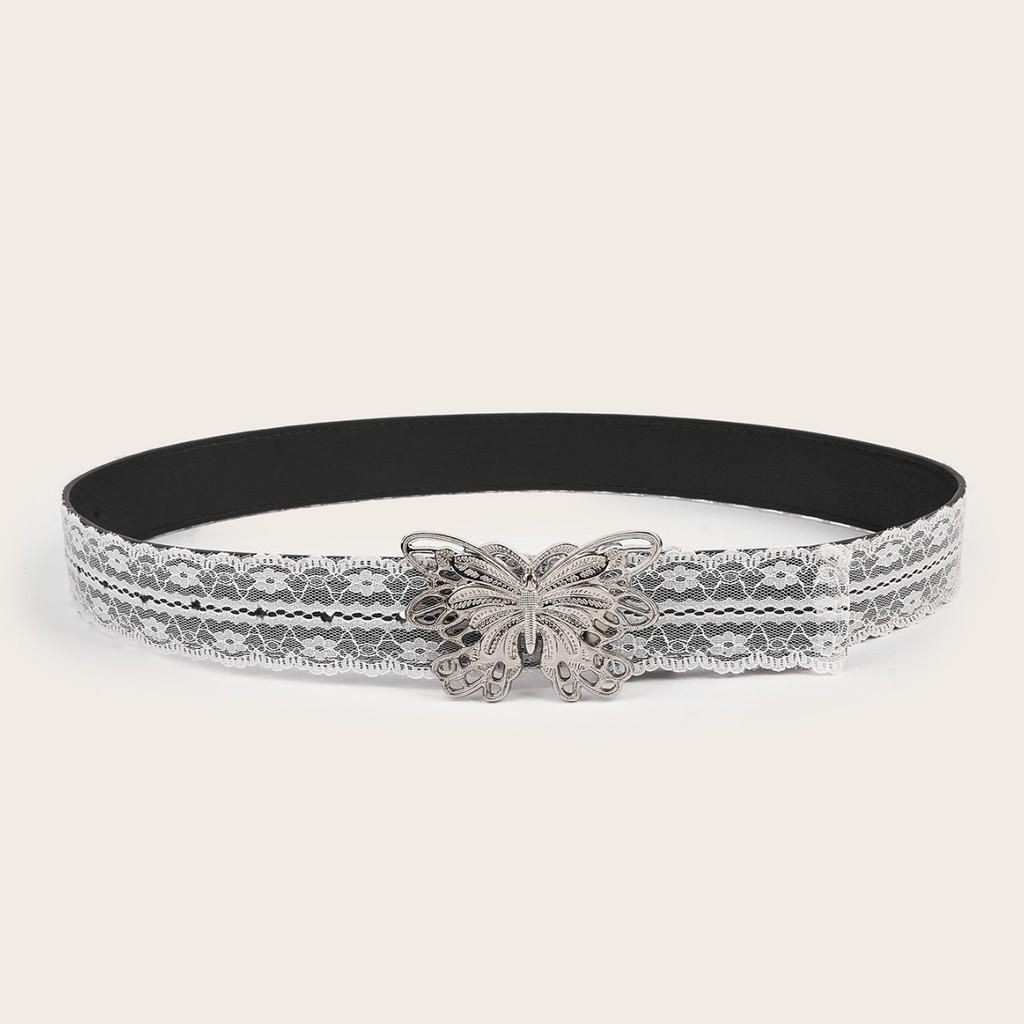 Silver Butterfly Fashionable Buckle Decor Women Casual White Lace Belt Waist