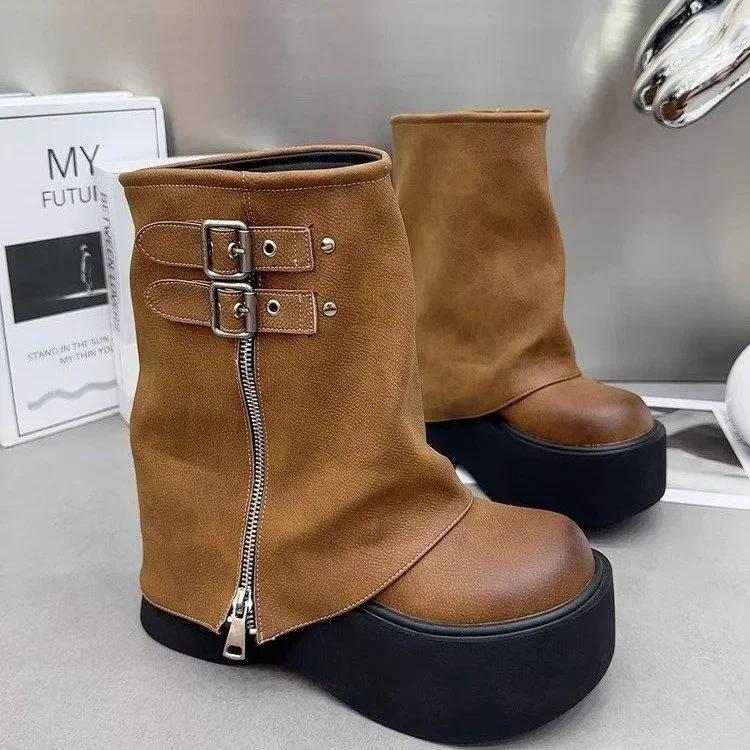 Модные панк-сапоги для женщин, сапоги на платформе, элегантные панк-сапоги на молнии, 2024, новые кожаные женские туфли с круглым носком, обувь для мотоциклистов