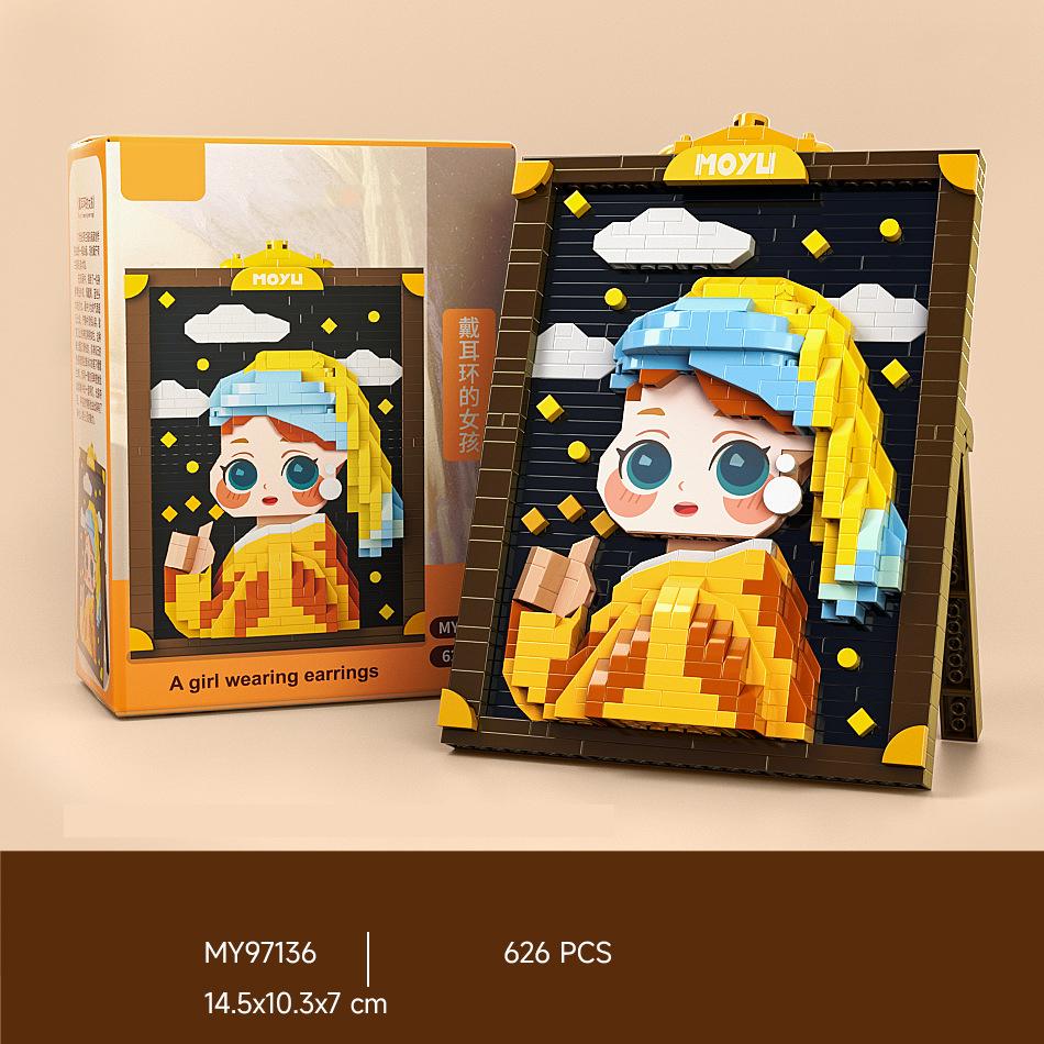 Idea Artistic Creation Art Painting Het Meisje Met De Parel Mona Lisa Building Brick Micro Diamond Block Cartoon Toy For Gifts