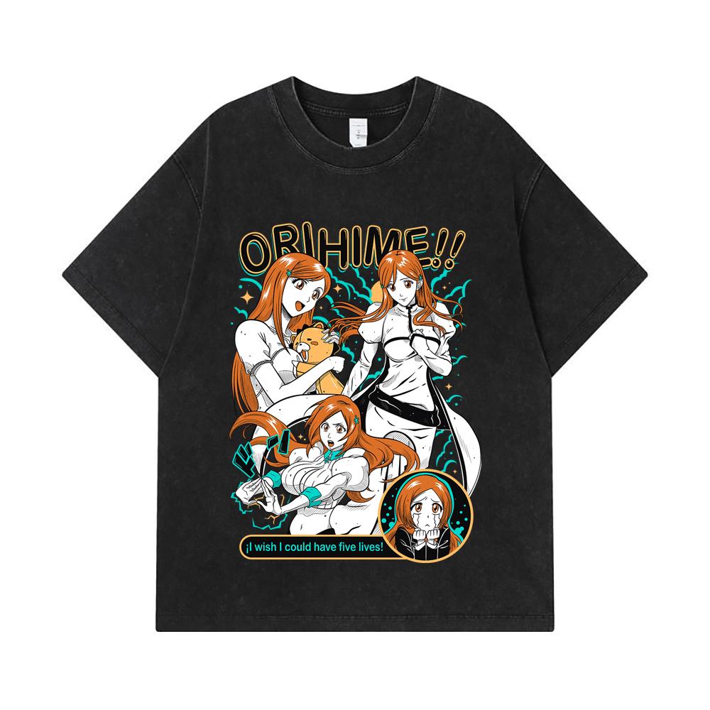 275 GSM Washed T-shirts 100% Cotton Bleach V3 Orihime Print Unisex Heavy Cotton T Shirt