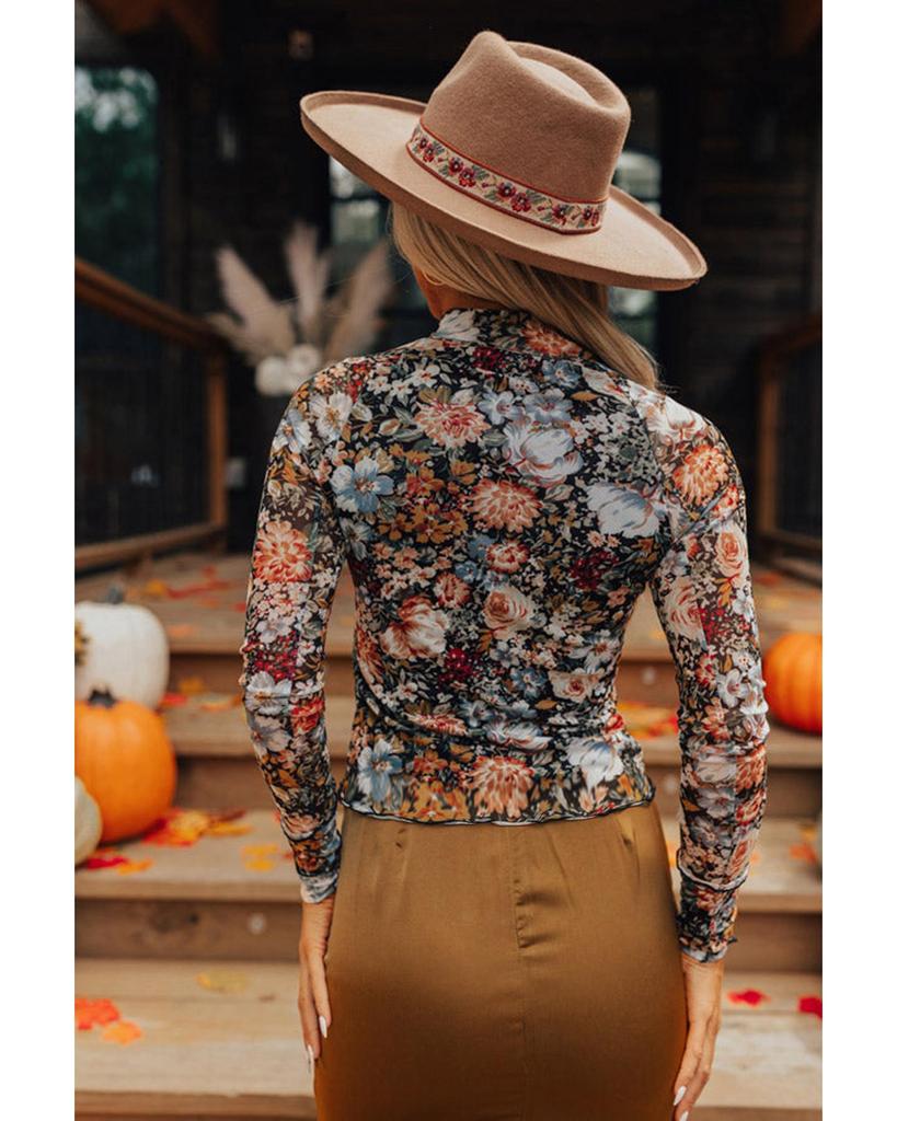 Azura Exchange Коричневая сетчатая блузка с цветочным принтом и длинными рукавами и высоким воротом