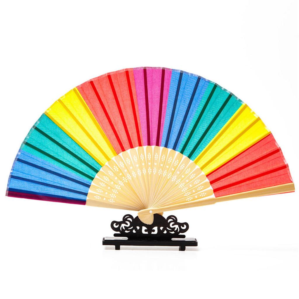 Rainbow Hand Fans Colorful Hand Held Fan Chinease Folding Hand Fan Hand Rave Fan Durable Cloth with Sturdy Bamboo Handle