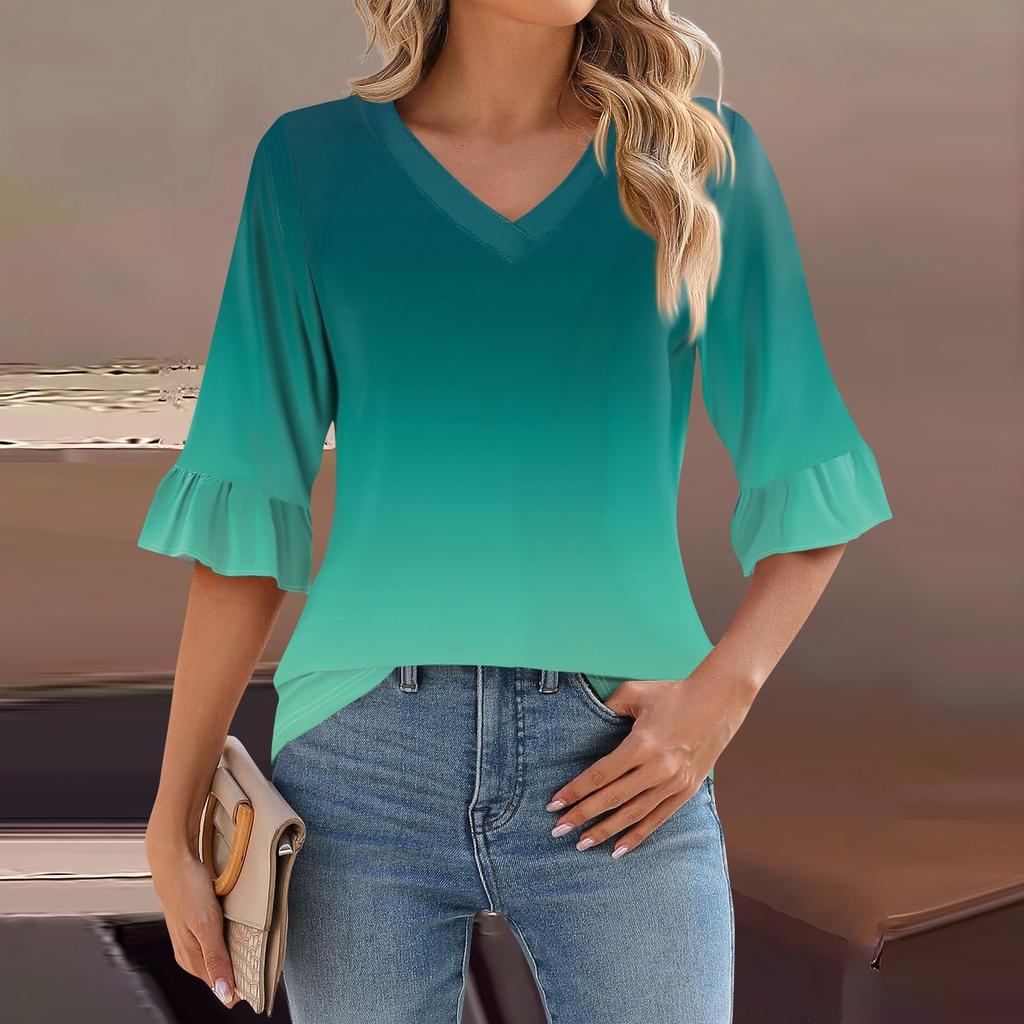 Женский повседневный топ с рукавами 3/4, летняя футболка с v-образным вырезом и пышными рукавами