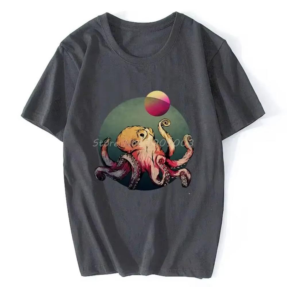 Глубоководный осьминог Смешная винтажная футболка Повседневная футболка Большие топы унисекс Мужская одежда Футболка для фитнеса