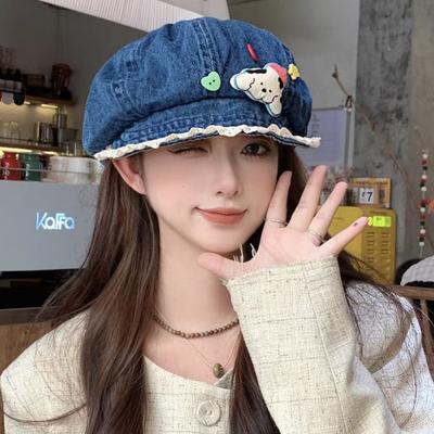 Cute Lace Denim Beret Female Face Small Spring and Summer Clouds Octagonal Big Head Circumference Painter Hat Sweet New