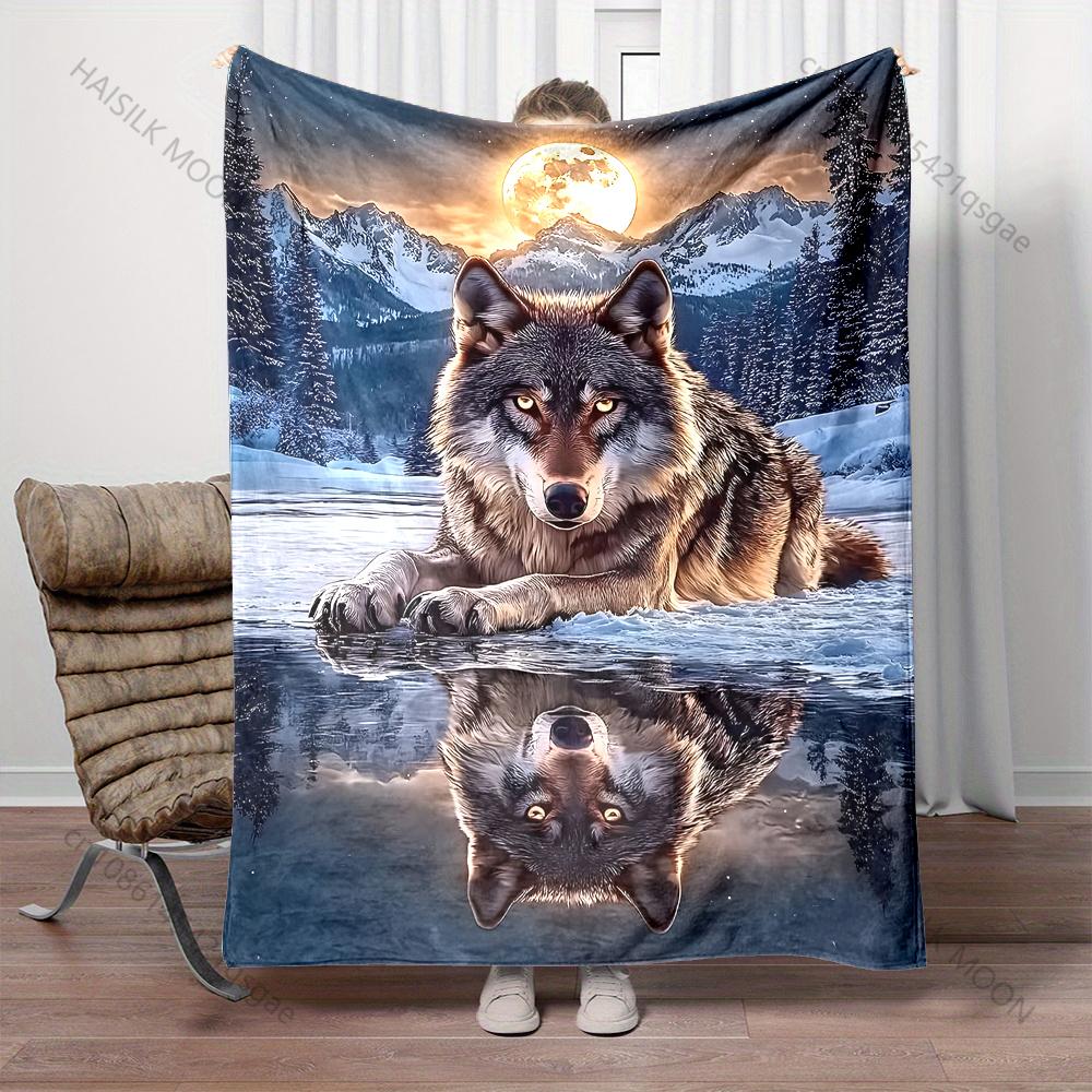 Multiple sizes Wolf on ice with moon reflection print blanket adult children warm for home travel soft and comfortable blanket