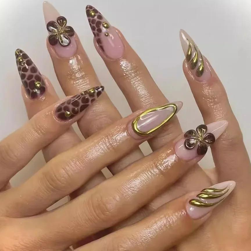 24Pc Leopard Print French False Nails Long Stiletto Press on Nails with Steel Ball Fake Nail Sweet Cool Detachable Nail Tips Art