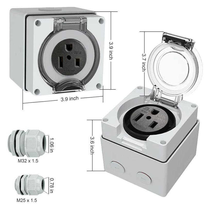Fresh 50 Amp Power Outlet Box, NEMA 6-50R 250 Volt EV Welder Receptacle Heavy Duty, With Waterproof Cable Glands 3 Pcs