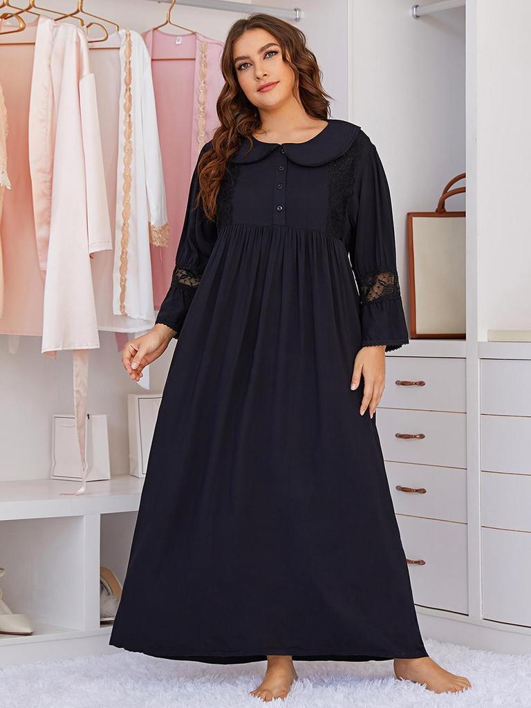 Европейские и американские женские пижамы с длинными рукавами и кружевной ночной рубашкой больших размеров