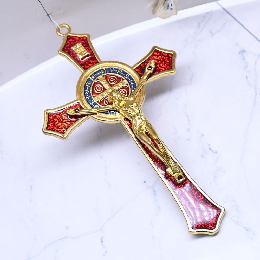 Catholic Saint Crucifix Pendant Vintage Religious Decoration Saint Benedict Benedictine Red Enamel
