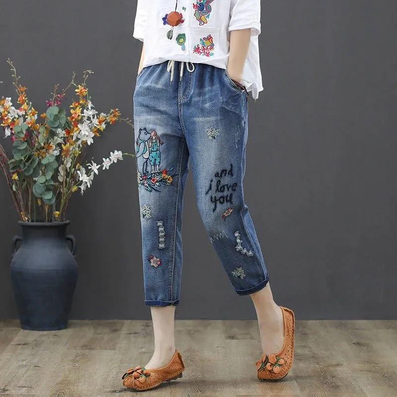 Embroidery Ankle-Length Baggy Jeans Elastic High Waist Capris Lace Up Harem Denim Pants Women Oversized Pantalon