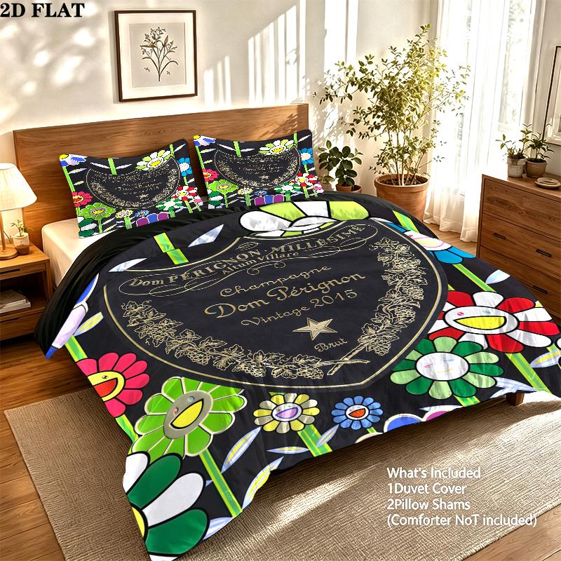 Dom Perignon Pattern Bedding Set Quilt Cover Pillowcase Home Decor Gift (1 * duvet cover + 2 * pillowcase, without core)