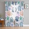 Ocean Summer Shell Starfish Coral Watercolor Sheer Curtains for Kids Bedroom Living Room Voile Window Curtains Tulle Drapes