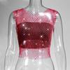 Leqoel Sexy Mesh Out Backless Tank Hollow Summer Rhinestones Tops New Fashion Party See Through Fishnet Crop  for Women