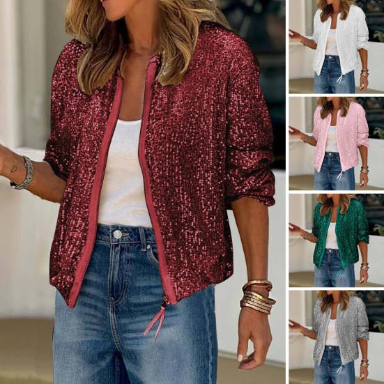 Женское пальто с блестками, круглым вырезом, застежкой-молнией, длинными рукавами, кардиганом, коротким, свободным, для клуба, выступлений, сценических вечеринок