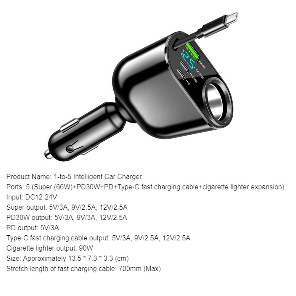 66 Вт 5 портов автомобильное зарядное устройство PD 30 Вт супер быстрая зарядка PD тип C автомобильный прикуриватель гнездо для iPhone Huawei Sumsung Xiaomi LED