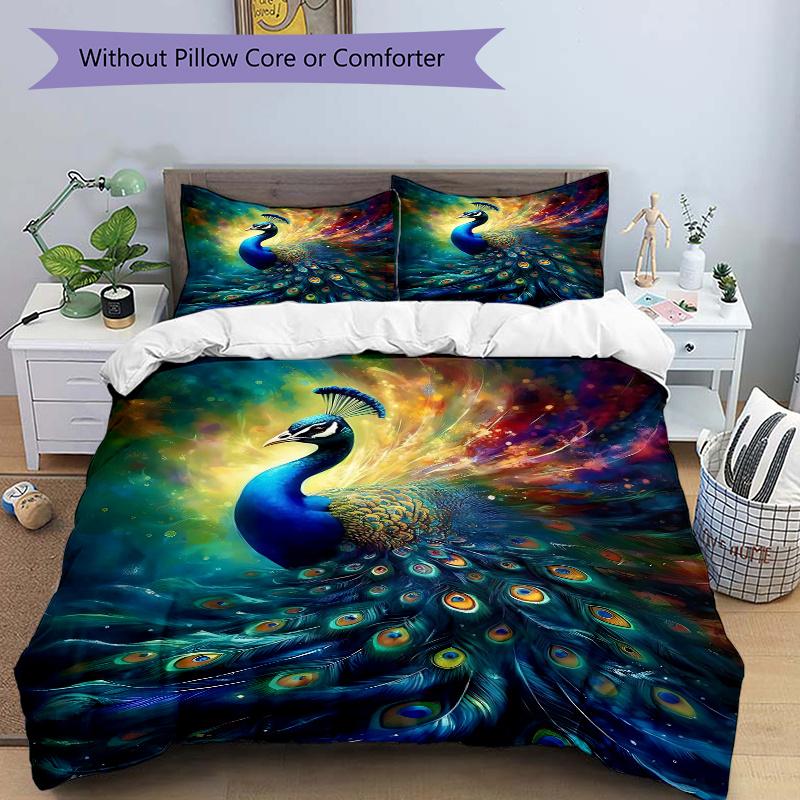 3pcs Peacock with Colorful Feathers Printed Quilt Set - Includes 1 Quilt Cover and 2 Pillowcases, Machine Washable - Suitable for All Seasons.J07