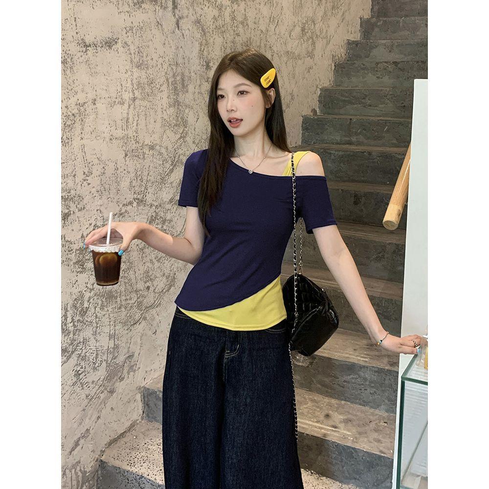 Slant shoulder contrasting color short-sleeved T-shirt women's new Korean version summer fake two niche versatile slim-fit tops