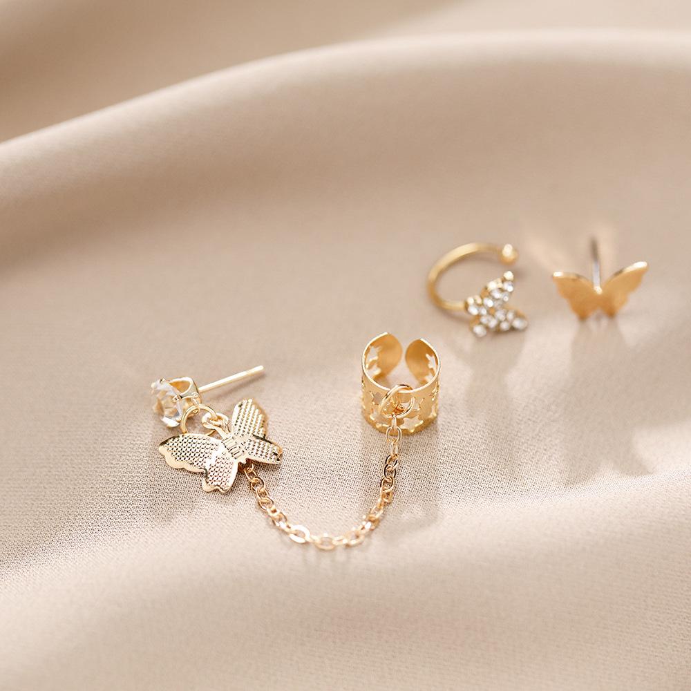 Exaggerated Rhinestone Butterfly Tassel Ear Cuff Set - Non-Pierced U-Shaped Alloy Stud Earrings