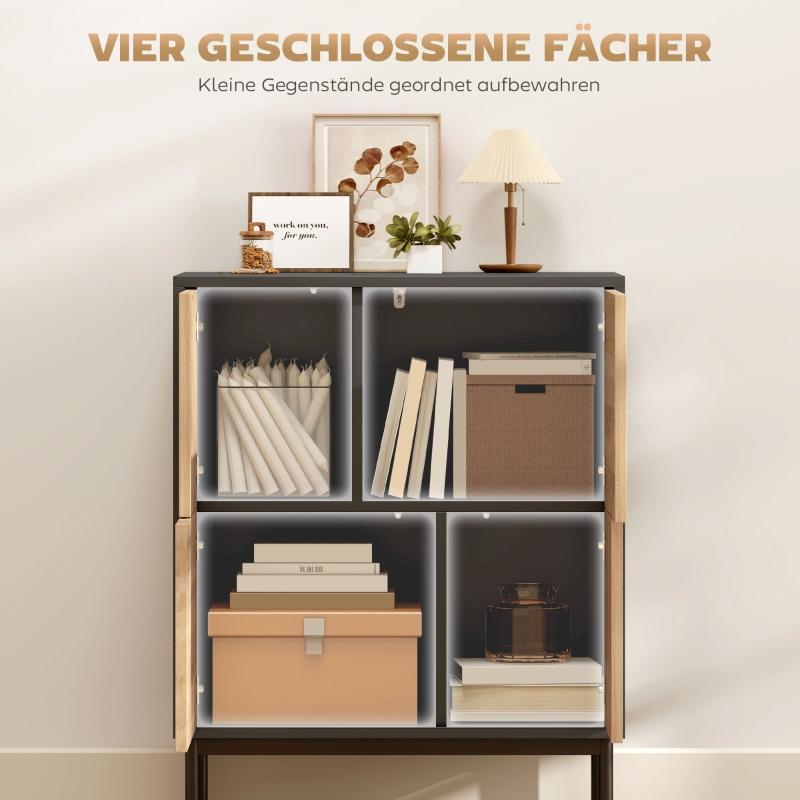 Sideboard with push-to-open doors. Dining room cabinet with metal legs. Kitchen cabinet. MDF. Black + natural wood