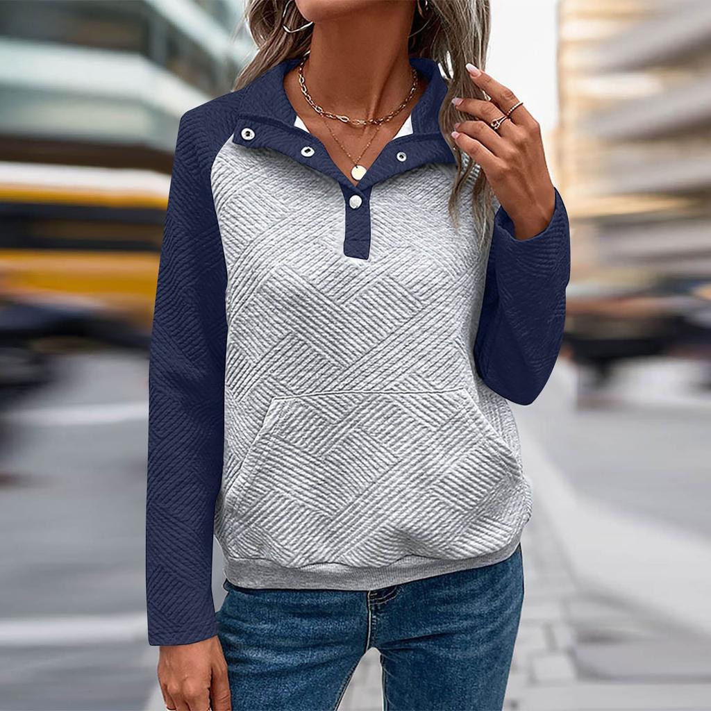 Женская повседневная и удобная толстовка с v-образным вырезом и воротником-стойкой контрастного цвета с длинными рукавами в стиле пэчворк