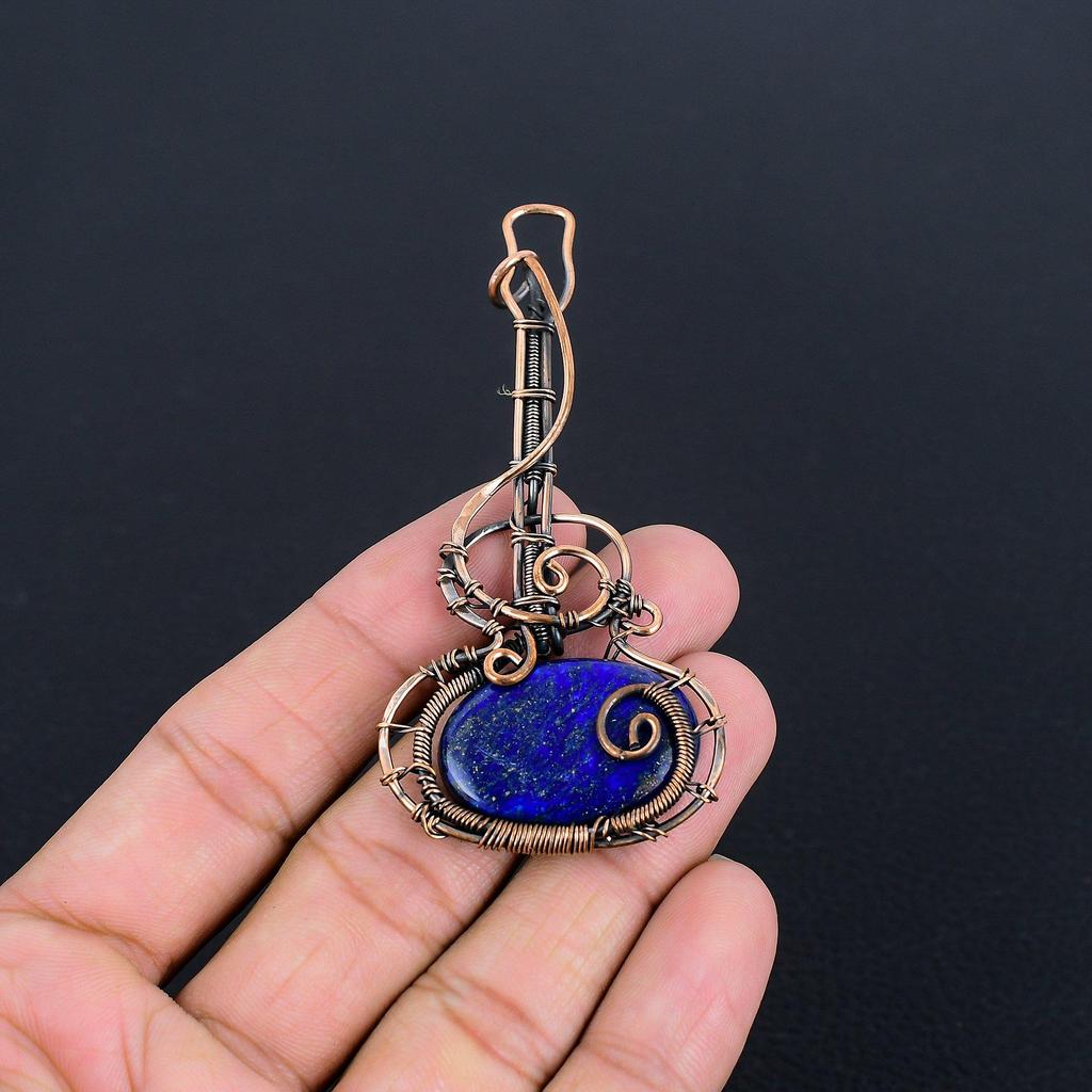 Подвеска из лазурита, ювелирное изделие из драгоценного камня ручной работы, подвеска, обернутая медной проволокой 999 пробы, ювелирная подвеска уникального дизайна
