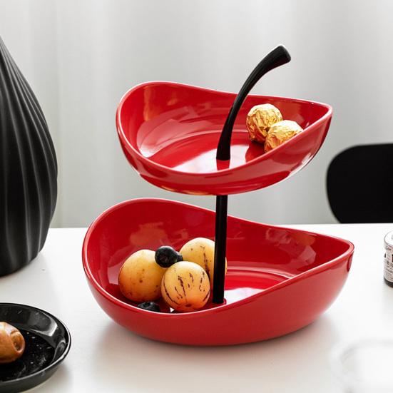 Двухъярусная фруктовница, многоярусная керамическая ваза для фруктов с металлическим подставкой, безопасна для посудомоечной машины, угловой органайзер для кухонной столешницы для фруктов, закусок, тортов