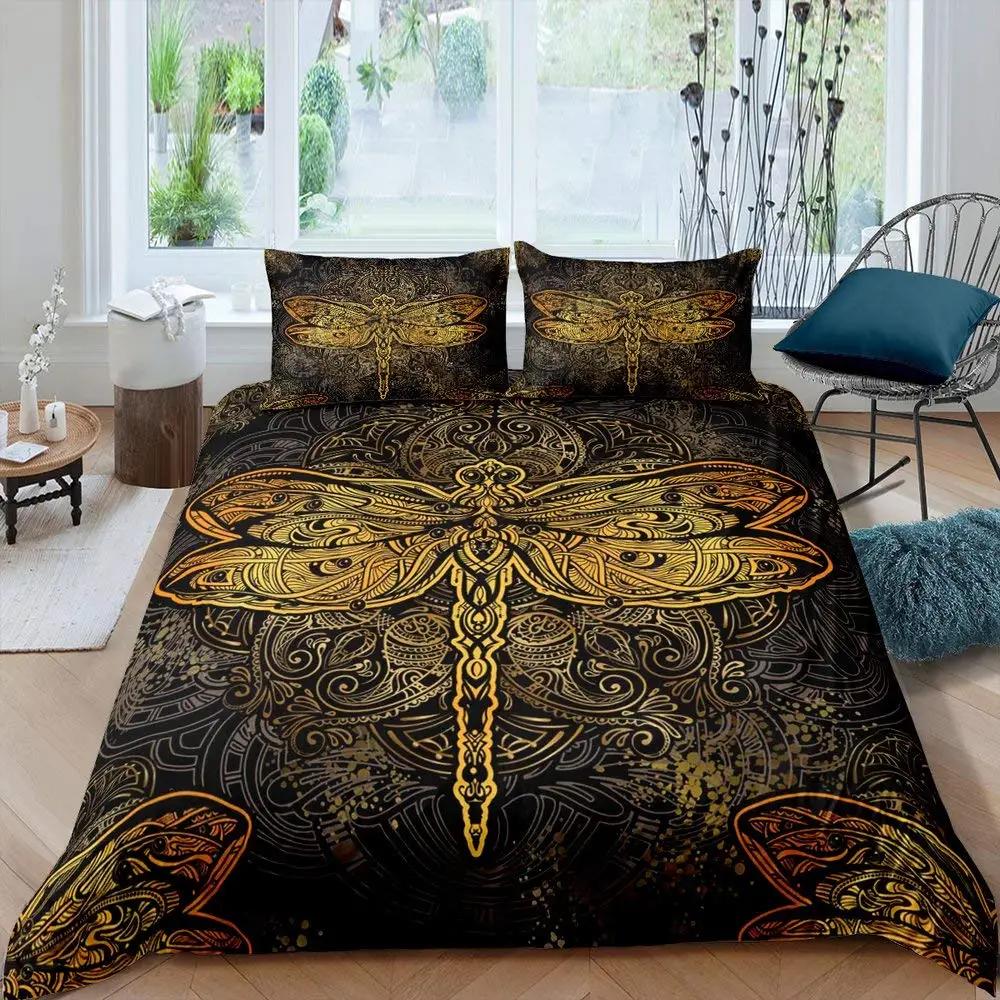 Bohemian Dragonfly Duvet Cover Set King Size Mandala Paisley Bedding Set Purple Tie Dye Iridescent Hippie Polyester Quilt Cover
