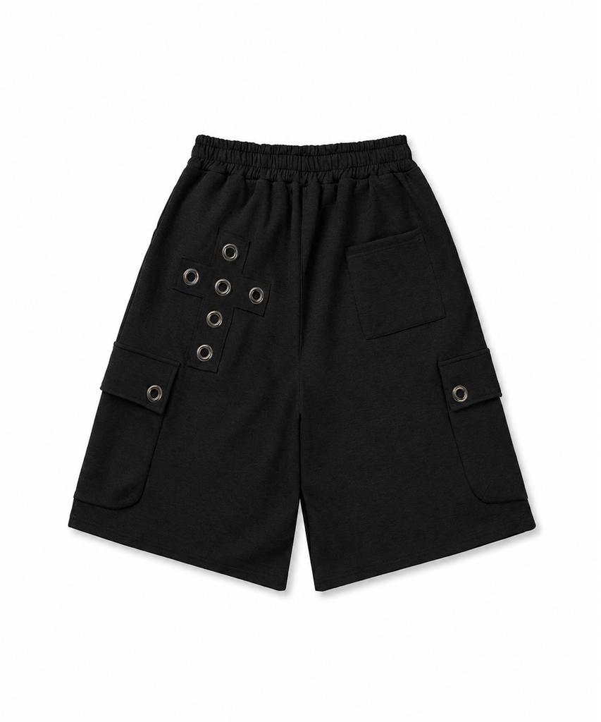 EASY NO EASY Cross Eyelet Bermuda Sweatpants - Black