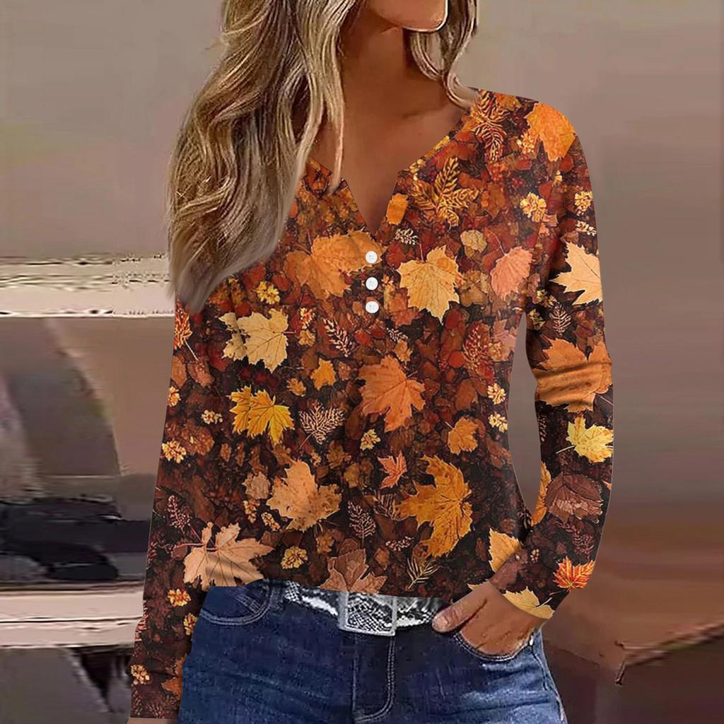 Жен. Футболка Футболка на пуговицах с длинным рукавом Повседневные Выходные Мода Классический Топ с v-образным вырезом Обычный