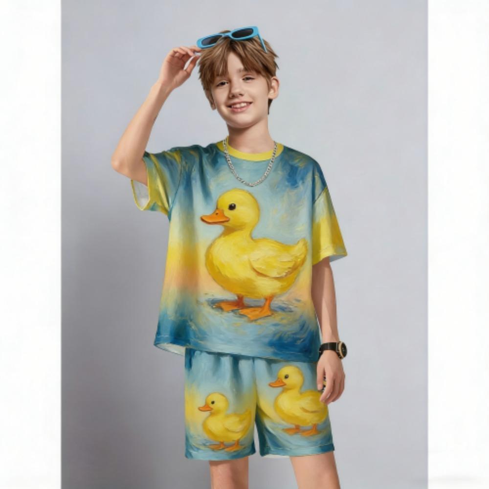 Summer Kids Set Fun Cartoon Duck Printed Kids T-shirt and Shorts 2 Piece Set Summer Casual Outdoor Boys and Girls Outfit Kids Clothing