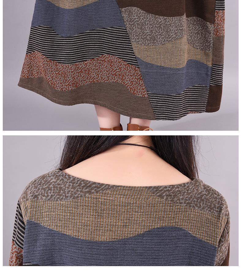 Весеннее женское платье миди из хлопка и льна в полоску пэчворк с круглым вырезом и длинными рукавами, 2025