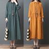 Spring New Literary and Loose Splicing Solid Color Cotton and Linen Lapel Collar Long-sleeved Dress Women's Medium and Long Shirt Skirt