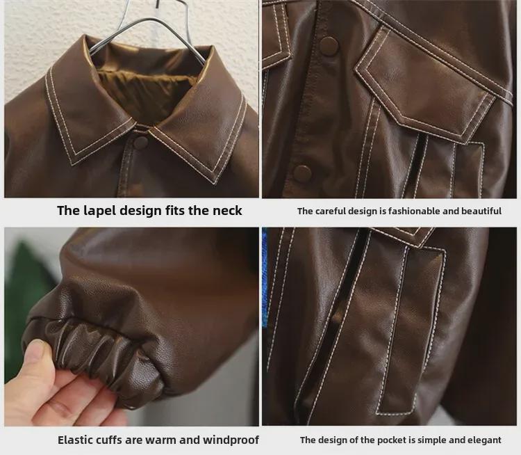 Kids' Stitch Leather Jacket - 2023 Korean Style Spring/Autumn Trendy Boys' Cool Jacket